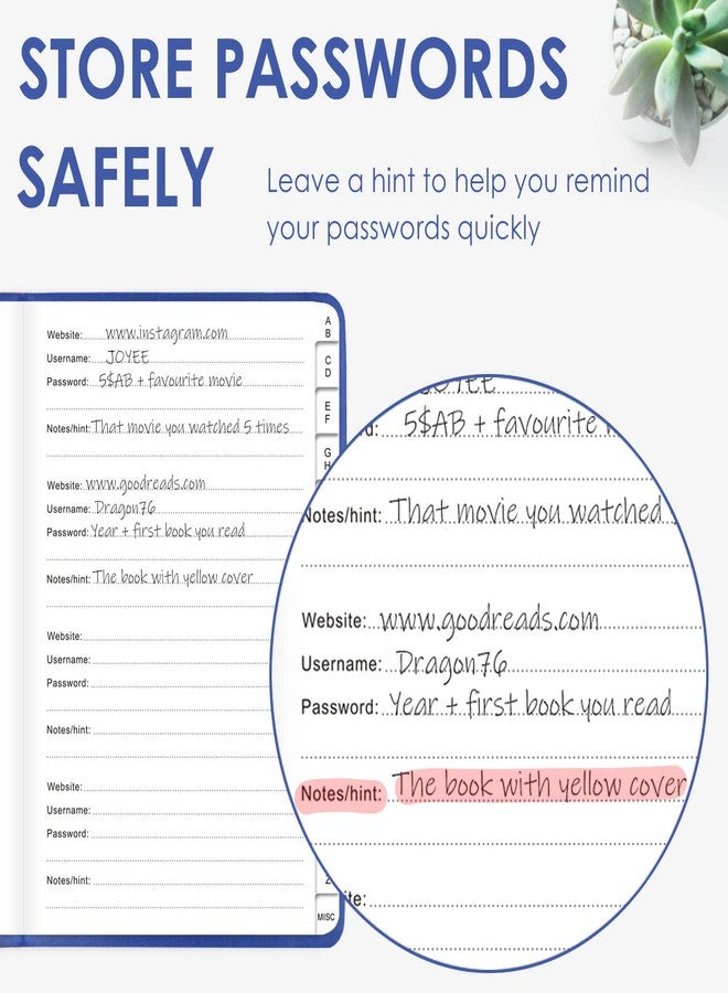 Jxselect Elegant Password Book with Alphabetical Tabs - Hardcover Password Book for Internet Website Address Login - 5.2" x 7.6" Password Keeper and Organizer w/Notes Section & Back Pocket（Royal Blue） - Image 5