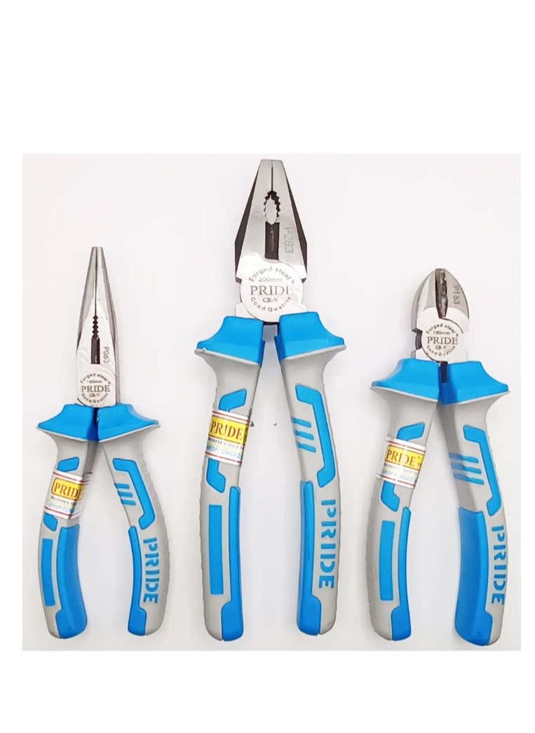 PRIDE Pride 3 Pcs Pliers Set Combination Pliers Cutting Pliers Needle Nose Pliers 