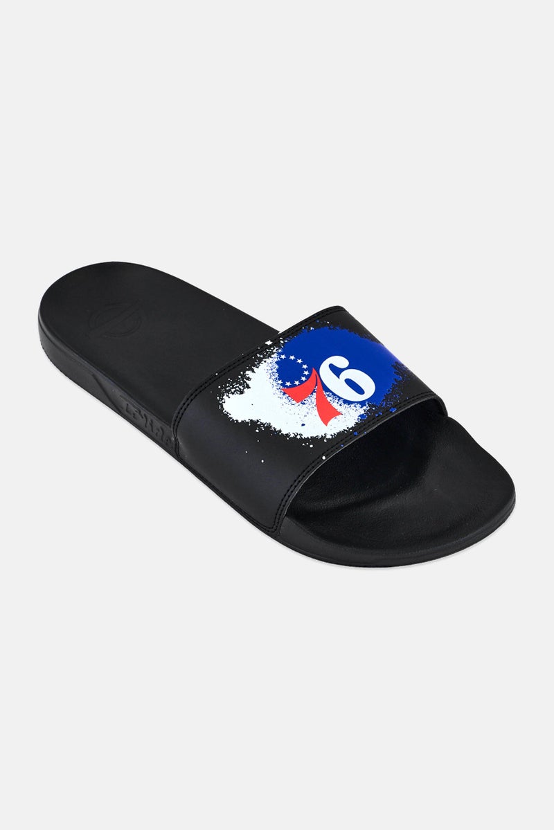 ISlide Men Philadelphia 76ers Spray Paint Logo Slip On Slides, Black - Image 1