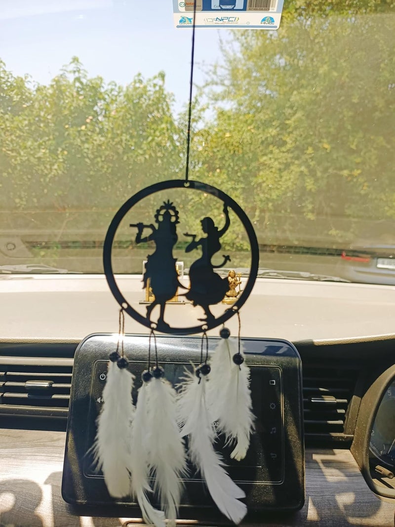 Rukshv Decorative Car Rearview Mirror Hanging with Feathers, Acrylic Spiritual Accessory for Home, Car, Office Interior Decor (Radha Krishna) - Image 1