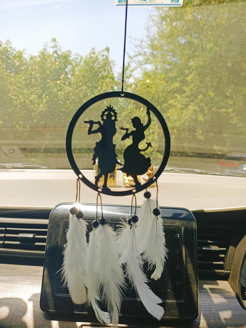 Rukshv Decorative Car Rearview Mirror Hanging with Feathers, Acrylic Spiritual Accessory for Home, Car, Office Interior Decor (Radha Krishna) - Image 2