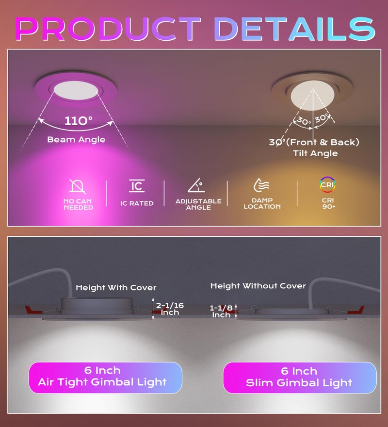 CLOUDY BAY [4 Pack] 6 inch Gimbal Smart WiFi LED Recessed Lights,RGBCW Color Changing,Compatible with Alexa and Google Home Assistant,No Hub Required,15W 2700K-6500K, IC Rated - Image 2
