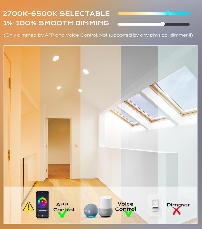 CLOUDY BAY [4 Pack] 6 inch Gimbal Smart WiFi LED Recessed Lights,RGBCW Color Changing,Compatible with Alexa and Google Home Assistant,No Hub Required,15W 2700K-6500K, IC Rated - Image 3