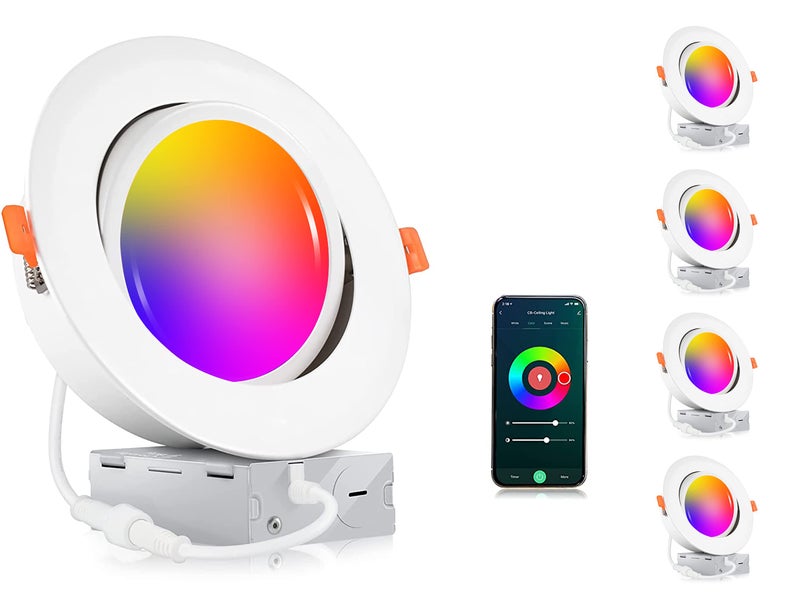 CLOUDY BAY [4 Pack] 6 inch Gimbal Smart WiFi LED Recessed Lights,RGBCW Color Changing,Compatible with Alexa and Google Home Assistant,No Hub Required,15W 2700K-6500K, IC Rated - Image 1