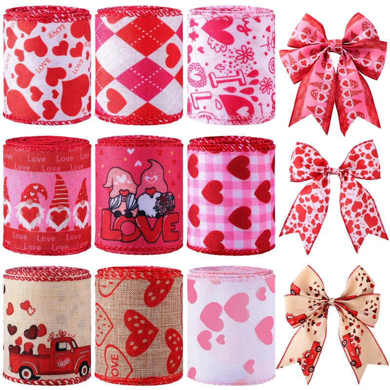 Waydress 9 Rolls Valentines Wired Edge Ribbon Red Love Heart Truck Pattern Ribbons for Christmas Gift Wrap DIY Crafts Wedding Birthday Party Decoration Bow 2 5 Inch