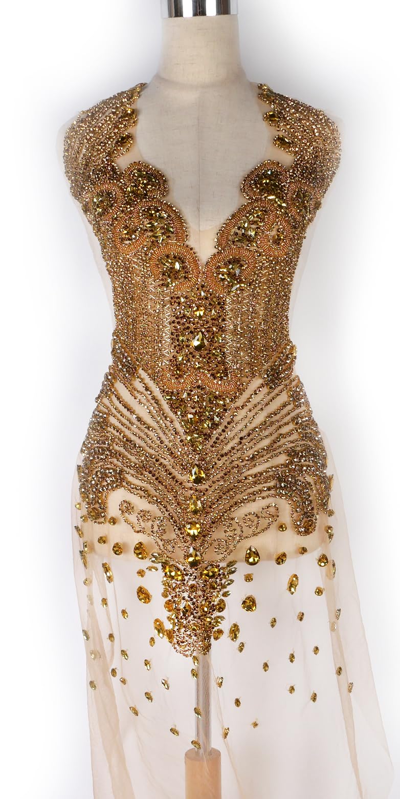 Labellezalady Labellezalay Full Front and Back Bodice Rhinestone Applique PatchNew Large Size 334  157 Decorate Appliques Gold Silver Rose Gold Shine DIY Dress Applique Patch by Piece YM21011Gold