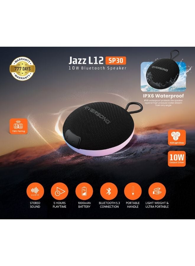 ريفرسونج مكبر صوت Jazz L12 محمول بتقنية البلوتوث - صوت ستيريو عالي الدقة 10 وات، جهير فائق، مقاوم للماء IPX6، عرض إضاءة RGB، إقران TWS، وقت تشغيل 5 ساعات، شحن من النوع C - Image 2