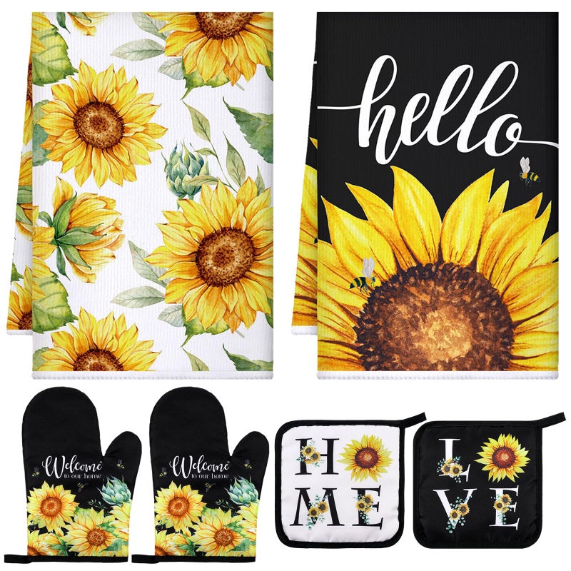 Leinuosen Leinuosen 6 Classic Sunflower Kitchen Towels Kitchen Decor and Accessories Set Floral Plant Oven Mitts and Pot Holders Sets Farmhouse Absorbent Dish Towels for Cooking Baking Grilling YellowWhite