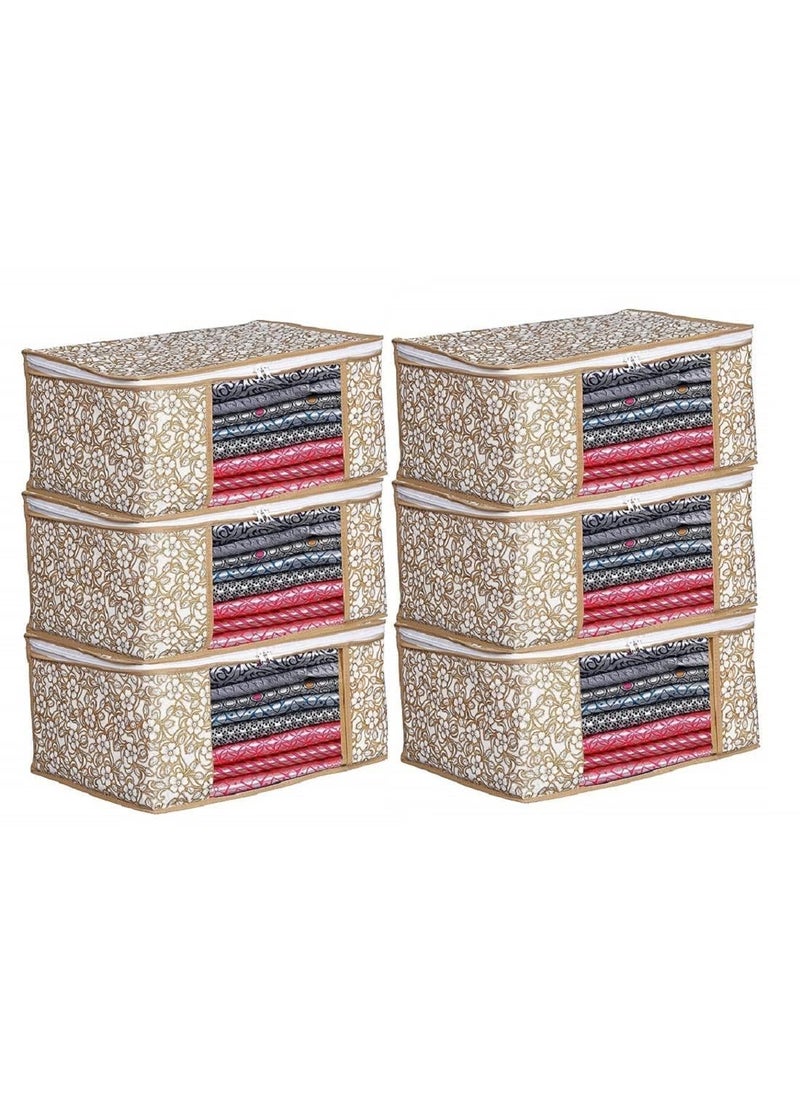 Perpetual Perpetual Saree Organizer For Wardrobe Foldable Saree Covers With Zip Multipurpose Storage Bag For Suit Lehanga Dress Packing With Transparent Window Pack of 3 Beige  - Image 1