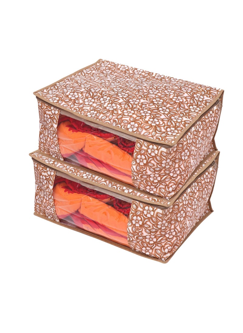 Perpetual Perpetual Saree Organizer For Wardrobe Foldable Saree Covers With Zip Multipurpose Storage Bag For Suit Lehanga Dress Packing With Transparent Window Pack of 3 Beige  - Image 4