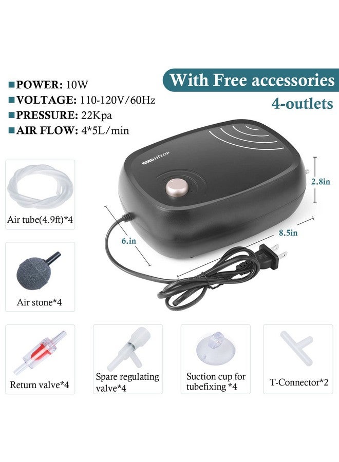 HITOP 10W Powerful Aquarium Air Pump: 4-Outlets 320GPH Air Pump for Fish Tank, Quiet Aquarium Aerator with Completely Accessories, for Tank/Hydroponic/Pond Oxygenation - Image 2