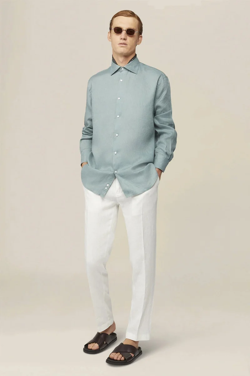 Doppelganger Men's 100% Linen Button-Down Shirt - Sage Green