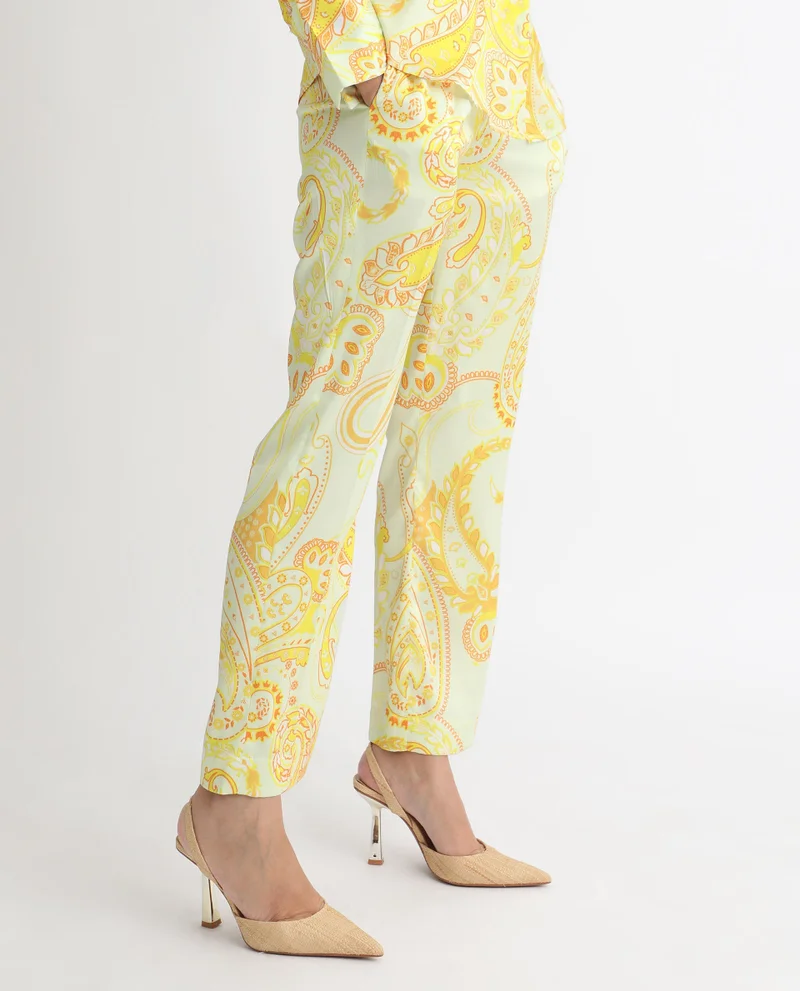 Rareism Women's Elegant Paisley Print Straight Fit Trousers