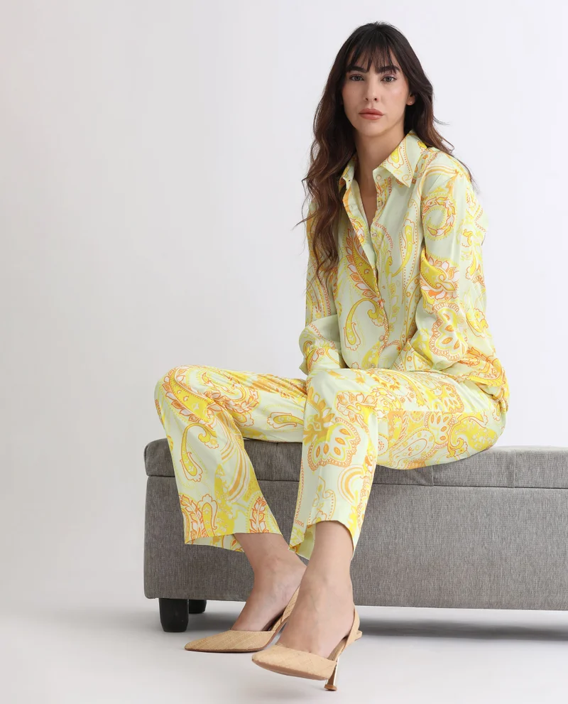 Rareism Women's Elegant Paisley Print Straight Fit Trousers