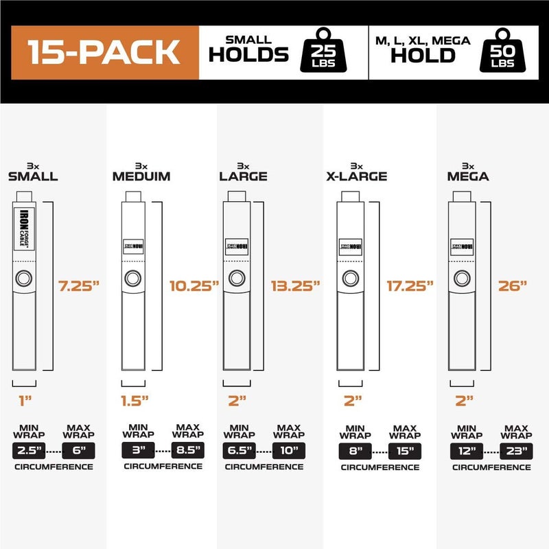IRON FORGE CABLE Extension Cord Wrap Organizer, 15 Piece Multi-Pack of Storage Straps - 3 Small, 3 Medium, 3 Large, 3 XXL, and 3 XXXL Hanger Wraps for Power Cables, Hoses, Ropes, and More - Image 3