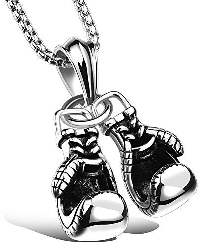 Hamoery Men Punk Stainless Steel Silver Boxing Gloves Chain Pendant Necklace(White) - Image 1