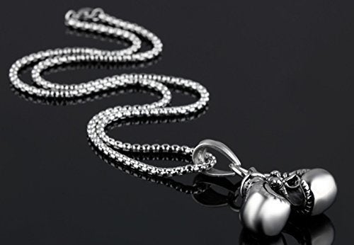 Hamoery Men Punk Stainless Steel Silver Boxing Gloves Chain Pendant Necklace(White) - Image 2
