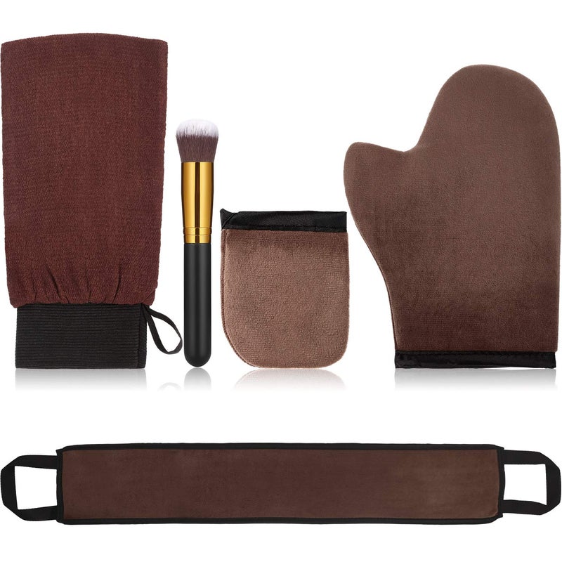 Boao 5 Pieces Self Tanning Mitt Applicator Kit, Includes Tanning Mitt, Exfoliating Glove, Mini Face Glove, Back Lotion Applicator, and Large Brush Makeup(Brown) - Image 1