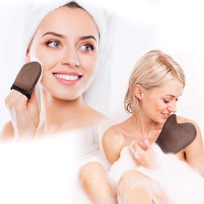 Boao 5 Pieces Self Tanning Mitt Applicator Kit, Includes Tanning Mitt, Exfoliating Glove, Mini Face Glove, Back Lotion Applicator, and Large Brush Makeup(Brown) - Image 3