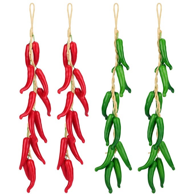 4 PCS CHILI PEPPER DECORATIONS CHILI PEPPER STRING MEXICAN KITCHEN DECOR WALL HANGING ARTIFICIAL VEGETABLE LIFELIKE RED GREEN FAKE SIMULATION FRUIT GARLAND VINE FOR MEXICAN HOME KITCHEN DECOR