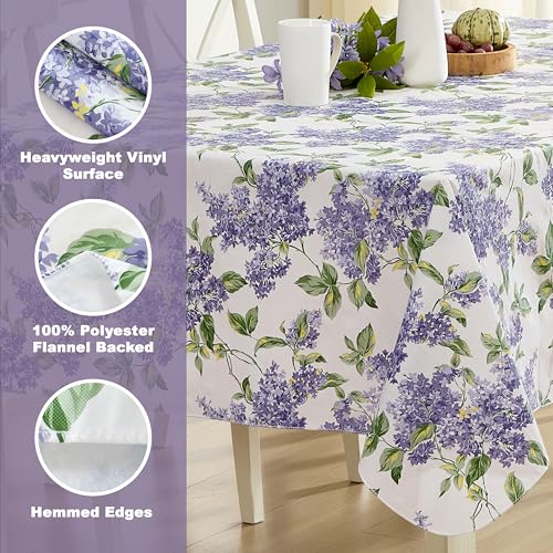 Lintex Lilac Fields Heavy Duty Vinyl Flannel Backed Tablecloth, 60 x 104 inch Rectangle, Purple Lilac Floral Indoor Outdoor Wipe Clean Table Cover for Picnic, Kitchen, Patio, Dining Room - Image 4