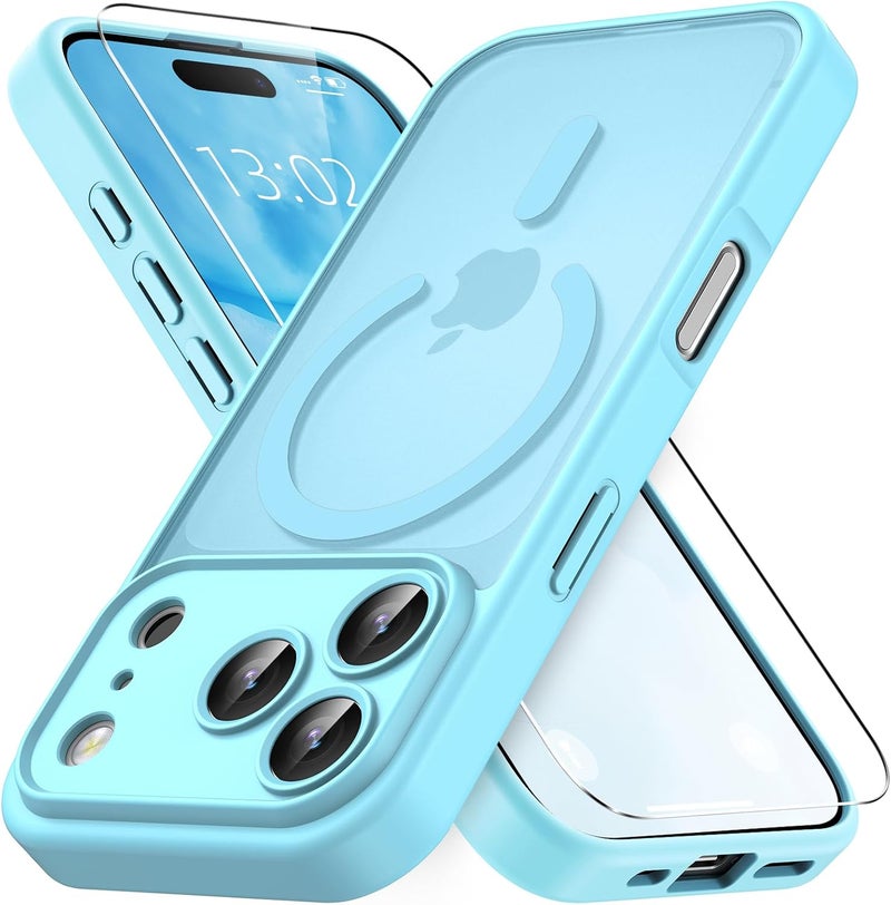 حافظة مغناطيسية لـ iPhone 17 Pro Max مع زجاج واقي واحد، متوافقة مع Magsafe، حماية من السقوط وفق المعايير العسكرية، ظهر غير لامع شفاف، حافظة هاتف مقاومة للصدمات، أزرق فاتح - Image 1