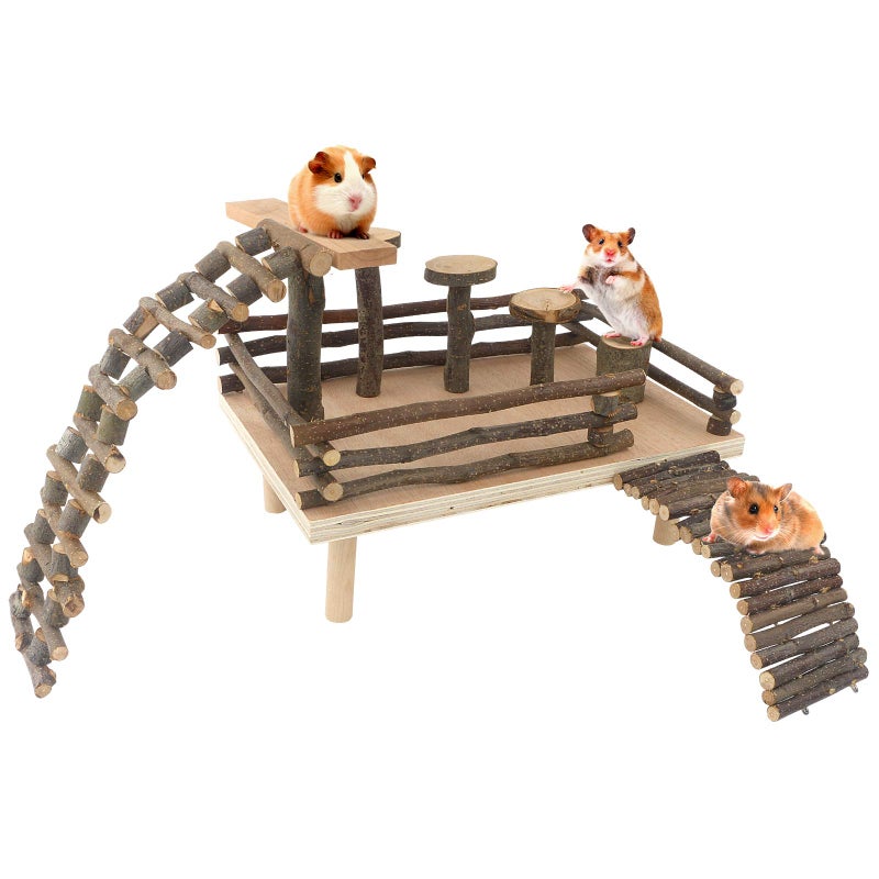HOSUKKO Hamster Climbing Toys Wooden Activity Set with Large Bridge Apple Wood Chewing Toys for Small Pets - Image 2