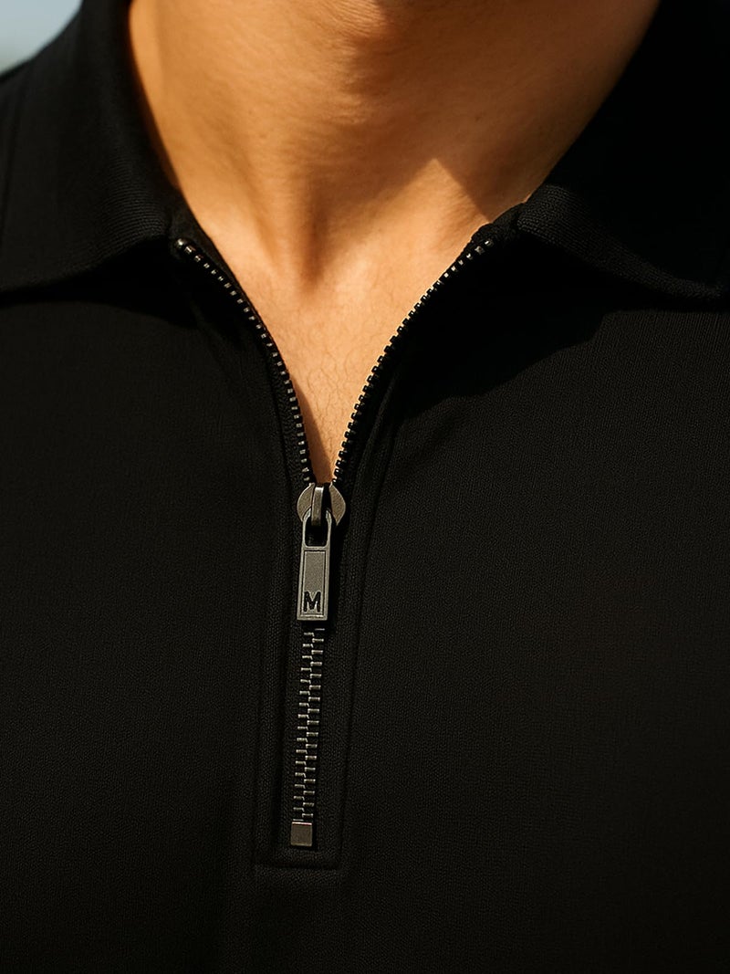 Veirdo Men’s Cotton Pique Polo | Premium Zip Neck Casual T-Shirt | Half Sleeve | Polo_PQ_BB_L Black Beauty - Image 5