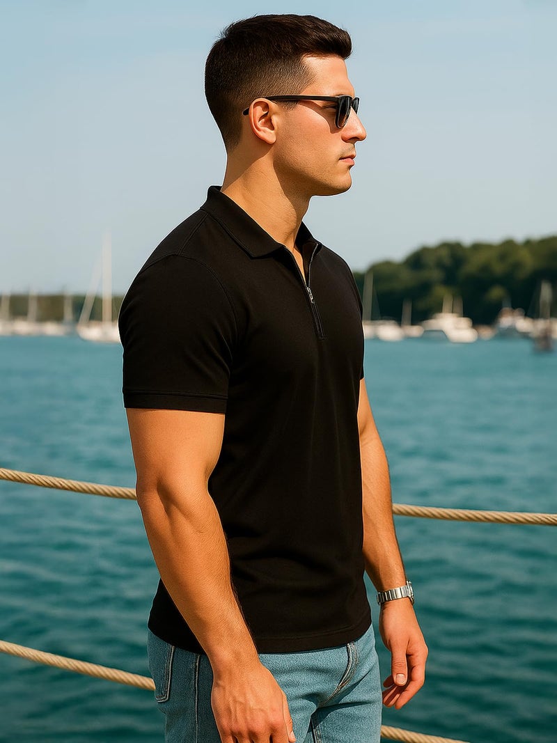 Veirdo Men’s Cotton Pique Polo | Premium Zip Neck Casual T-Shirt | Half Sleeve | Polo_PQ_BB_L Black Beauty - Image 3