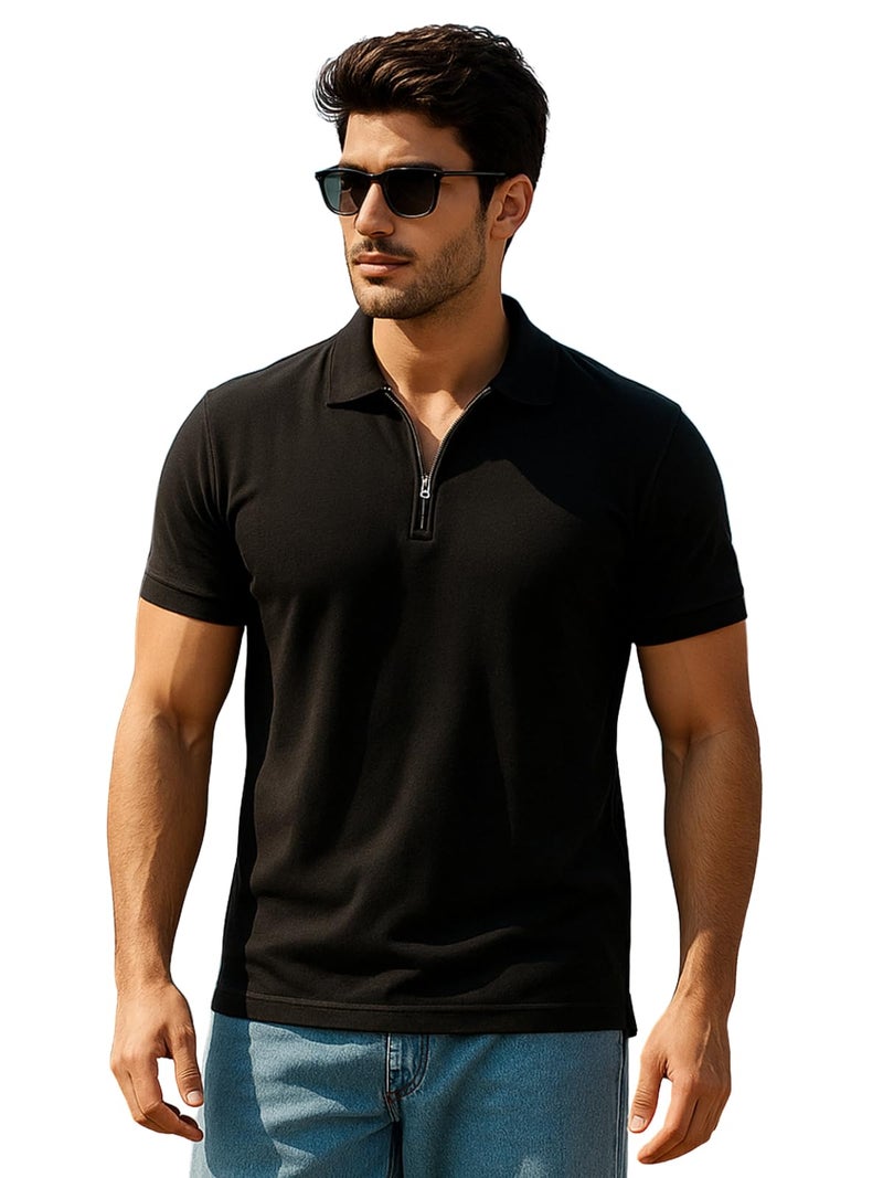 Veirdo Men’s Cotton Pique Polo | Premium Zip Neck Casual T-Shirt | Half Sleeve | Polo_PQ_BB_L Black Beauty - Image 1