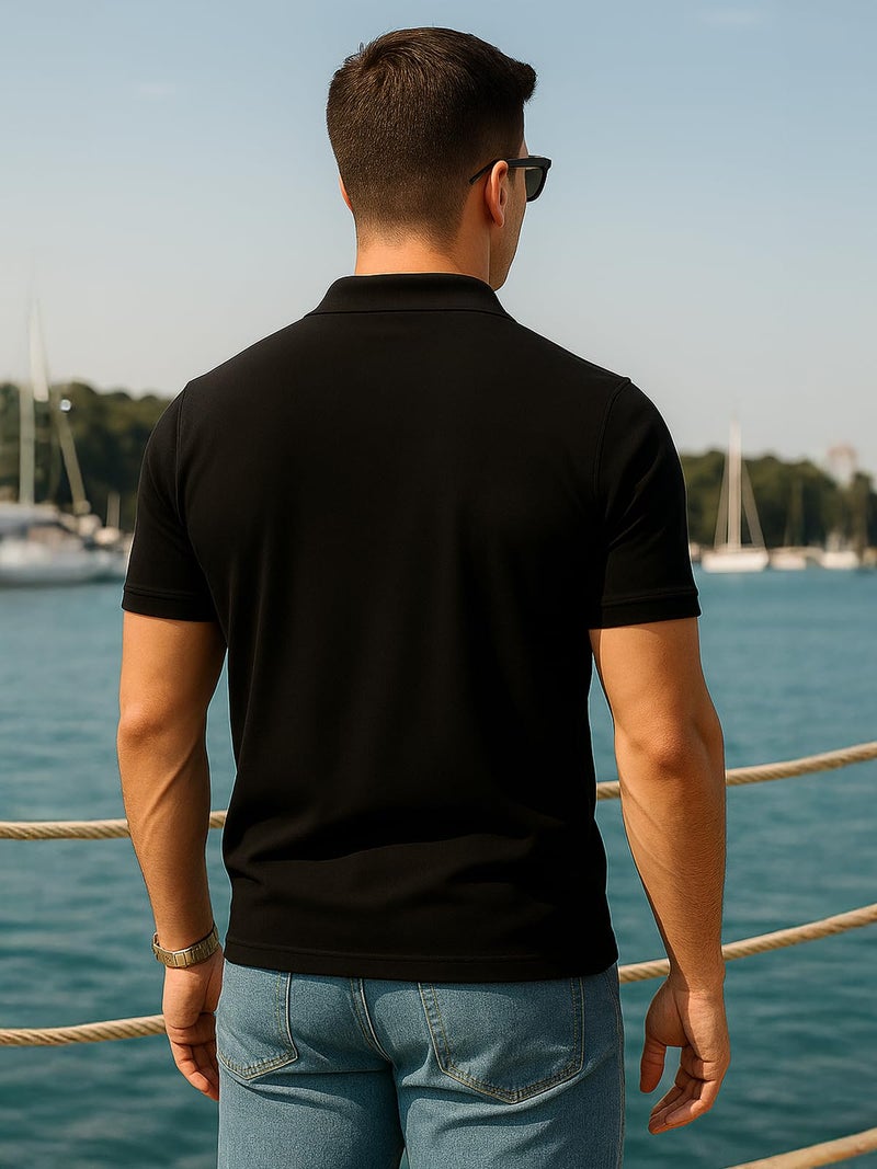 Veirdo Men’s Cotton Pique Polo | Premium Zip Neck Casual T-Shirt | Half Sleeve | Polo_PQ_BB_L Black Beauty - Image 4