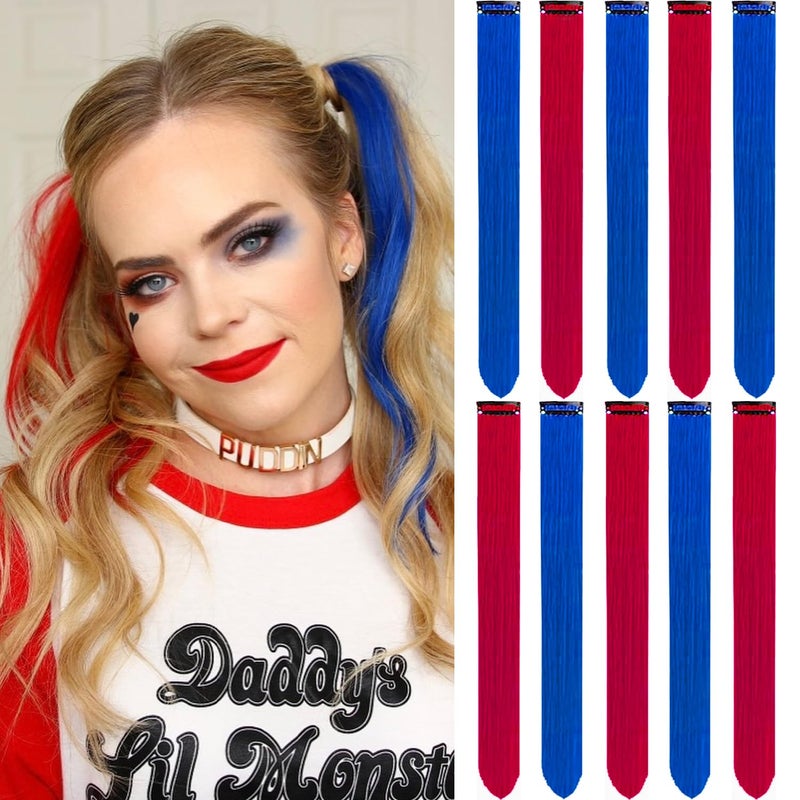 LADYAMZ Colored Hair Extensions 10 PCS Colorful Party Highlights Clip in Synthetic Hair Extensions Red and Blue Hair Accessories Hairpiece for Girl Women Party Favor Cosplay Gift 22 In