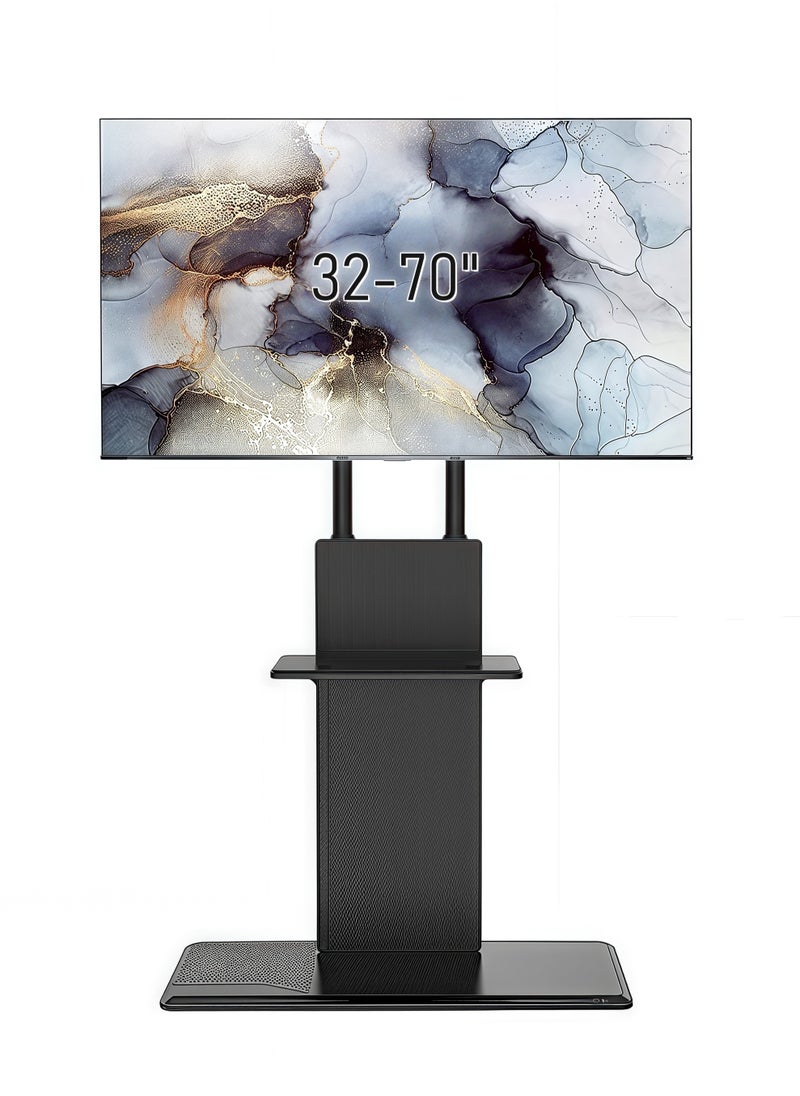 FlashHawk Wooden Floor TV Stand for 32-70 inch TVs with Wheels, Tilt Swivel and Height Adjustable TV Mount with Tray Shelf and Hidden 4 Universal Wheels Black  - Image 1