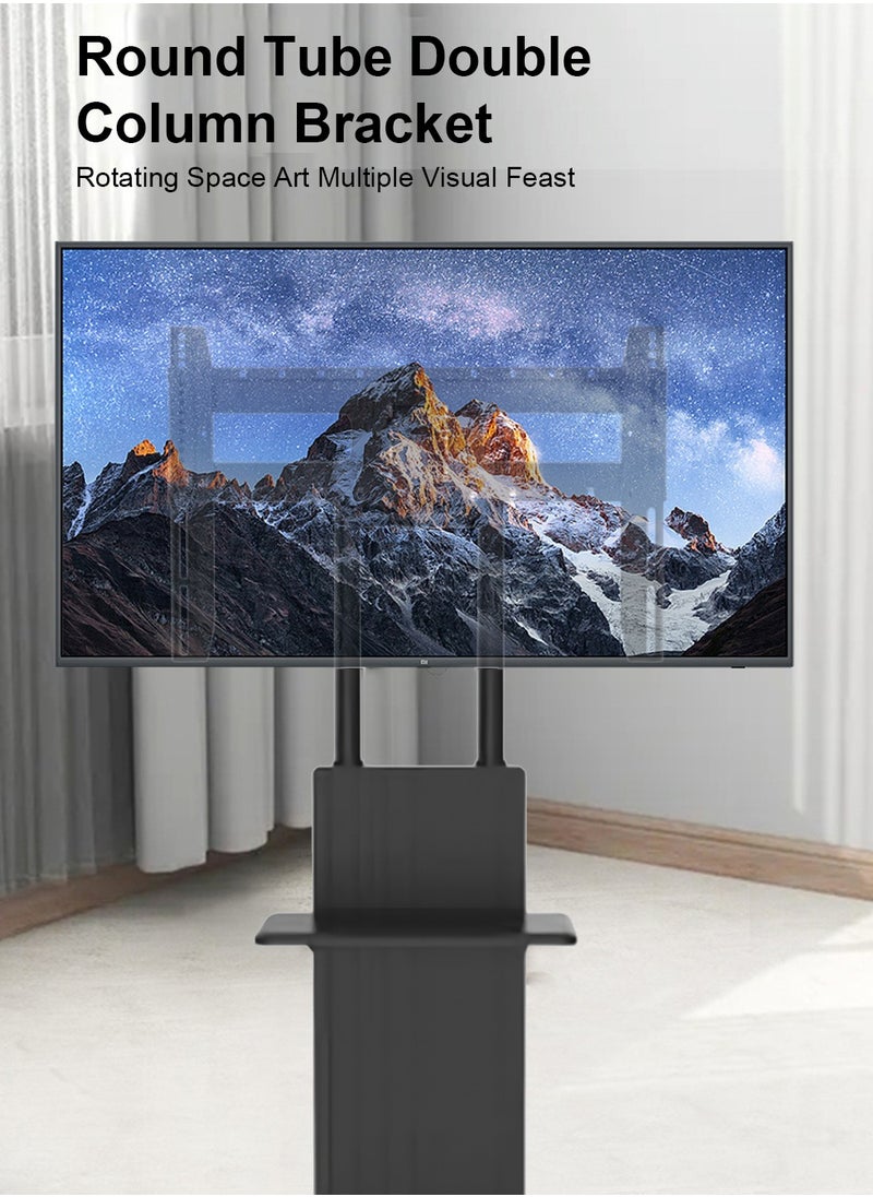 Wooden Floor TV Stand for 32-70 inch TVs with Wheels, Tilt Swivel and Height Adjustable TV Mount with Tray Shelf and Hidden 4 Universal Wheels Black