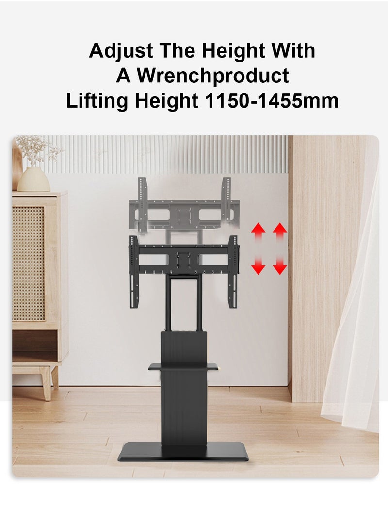 FlashHawk Wooden Floor TV Stand for 32-70 inch TVs with Wheels, Tilt Swivel and Height Adjustable TV Mount with Tray Shelf and Hidden 4 Universal Wheels Black  - Image 3