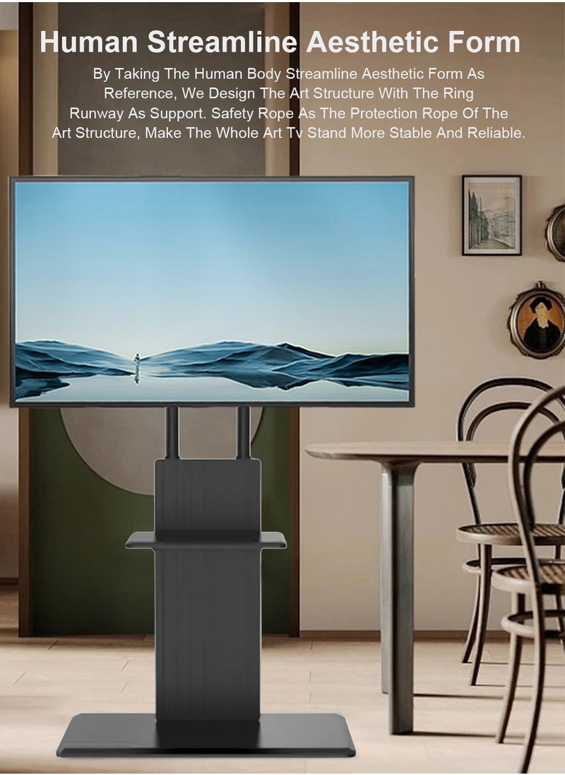 FlashHawk Wooden Floor TV Stand for 32-70 inch TVs with Wheels, Tilt Swivel and Height Adjustable TV Mount with Tray Shelf and Hidden 4 Universal Wheels Black  - Image 2