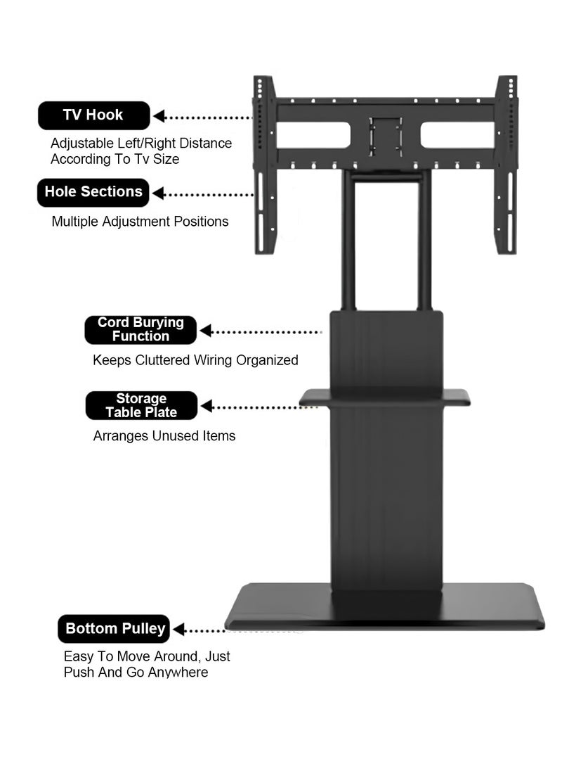 Wooden Floor TV Stand for 32-70 inch TVs with Wheels, Tilt Swivel and Height Adjustable TV Mount with Tray Shelf and Hidden 4 Universal Wheels Black