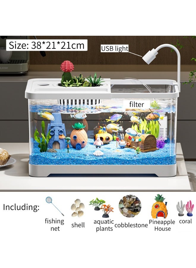 Fish Aquarium Tank, Ultra Clear Fish Bowls with Oxygen Pump, Multi-Function Acrylic Fish Tank with Lamp and  Detachable Cover for Turtles Crabs Fishes Amphibians Reptiles, 38*21*21cm, Clear - Image 1