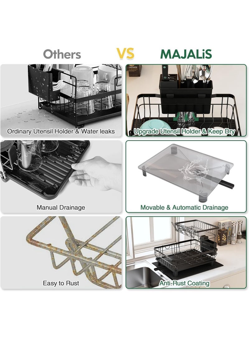 Festive Gallery Dish Drainer Rack, 2 Tier Dish Drainer with Drip Tray and Drainer Mat, Stainless Steel Dish Rack with Utensil Holder, Swivel Spout, Draining Board for Kitchen Counter, Black - Image 2