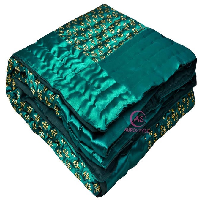 RAJASTHANI COTTON FILLED LIGHT WEIGHT SILK SOFT JAIPURI AC QUILT DOHAR OVER ALL FLORAL PRINT DESIGN BLANKETS FOR HOME 85X100 INCHRAMA GREEN BUTTI PRINT DOUBLE BED