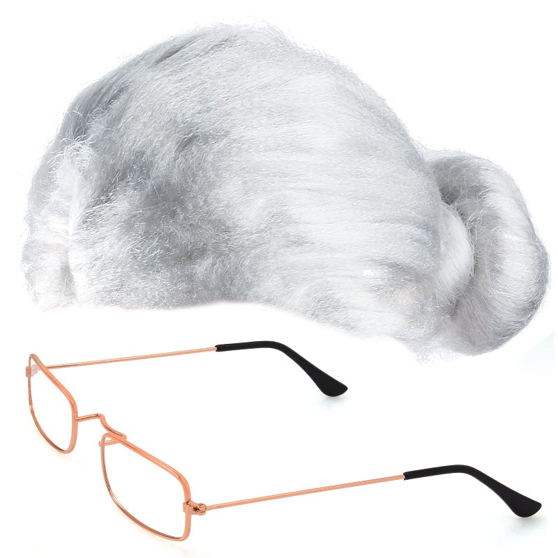 Yewong Old Lady Costume Set - Grandmother Wig Costume Glasses Wig Caps  Pearl Necklace  Glass Chain  Inflatable Cane  Handbag (White) - Image 2