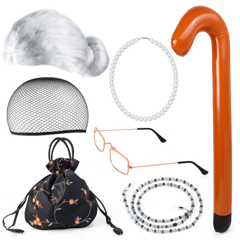 Yewong Old Lady Costume Set - Grandmother Wig Costume Glasses Wig Caps  Pearl Necklace  Glass Chain  Inflatable Cane  Handbag (White) - Image 1