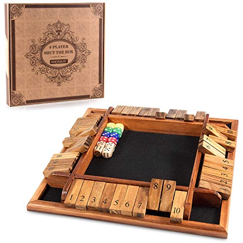 AMEROUS 14 Players Shut The Box Dice Game Wooden Board Table Math Game with 12 Dice and ShutTheBox Instructions for Kids Adults Family Classroom Home or Pub 12 Inches - Image 1