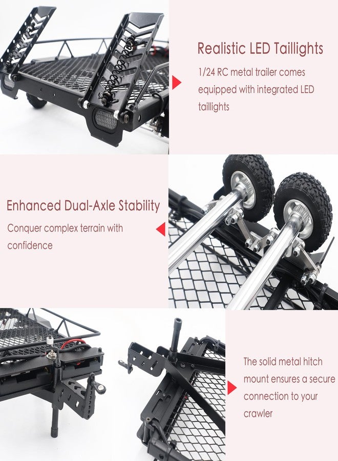 HOPLEX 1/18 1/24 RC Trailer Metal Dual-Axle Flatbed RC Trailer with LED Taillight & Hook Hitch for TRX4M Axial SCX24 FMS FCX24 1/18 1/24 RC Crawler Upgrade - Image 5