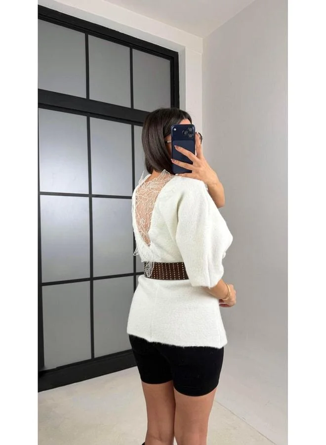 Gaus White Sweater with Back Lace Detail GAUS-01091.