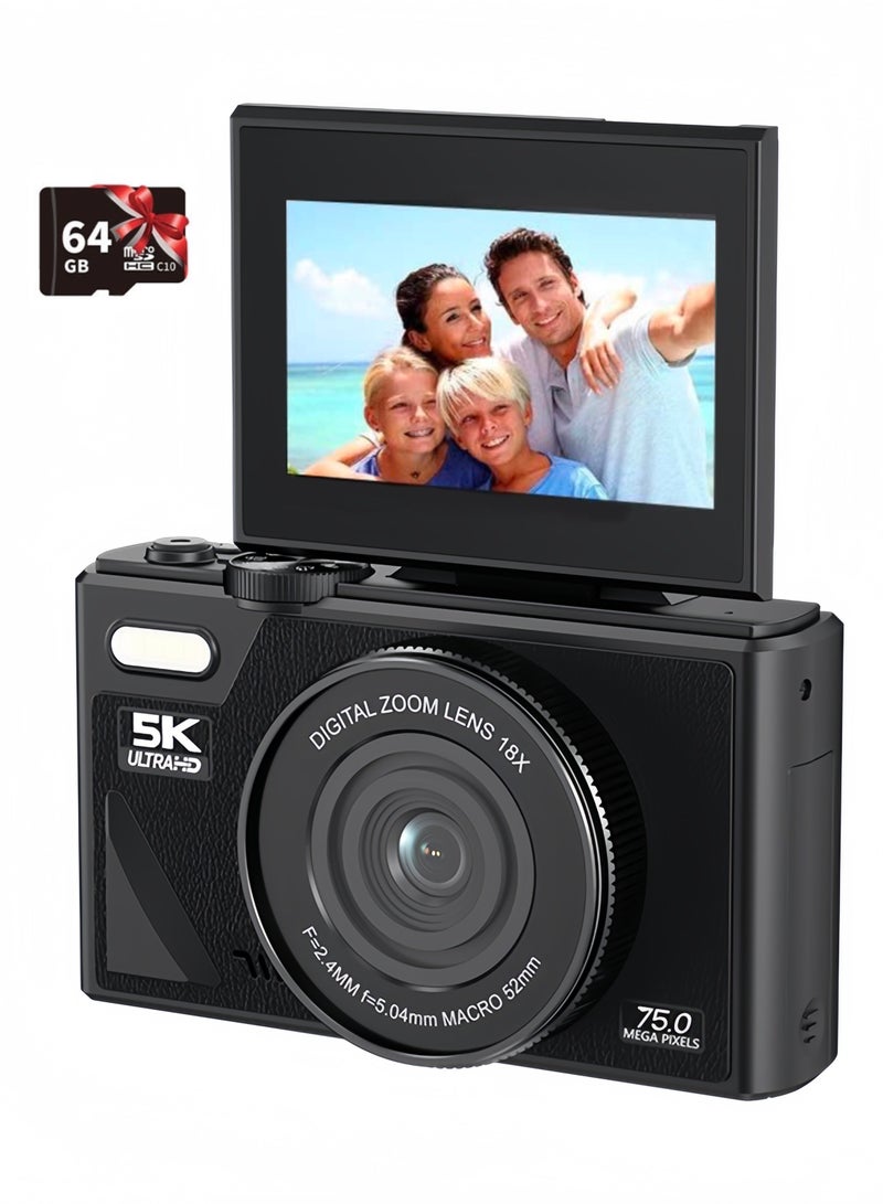 5K Vlogging Camera for Kids Boys Girls with 18X Zoom, 75MP Point and Shoot Digital Cameras Includes 64GB TF Card - Black - Image 1