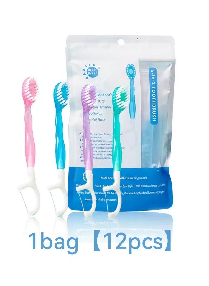 Generic 12-Piece Bagged 5-in-1 Disposable Toothbrush Travel Toothbrush Oral Care set, Including Dental Floss, Tongue Scraper, Toothbrush, Floss Brush, Toothpaste And Floss Sticks.  - Image 1