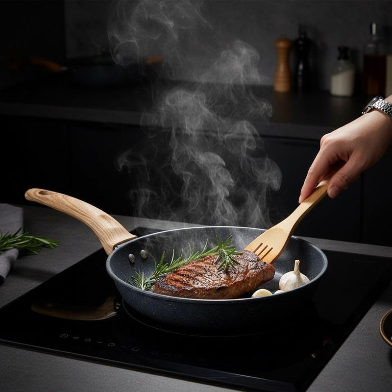 Granite Frying Pan with Wood Handle, Nonstick Cooking Pan for Kitchen, Durable Granite Skillet for Eggs, Steak, Pancakes and Daily Cooking (28) - Image 3