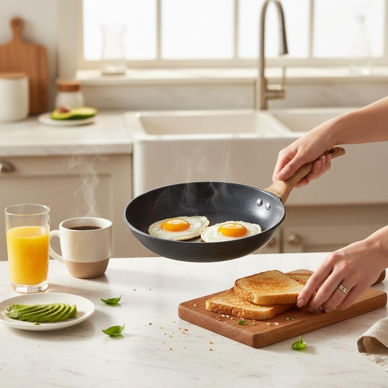 Granite Frying Pan with Wood Handle, Nonstick Cooking Pan for Kitchen, Durable Granite Skillet for Eggs, Steak, Pancakes and Daily Cooking (28) - Image 4