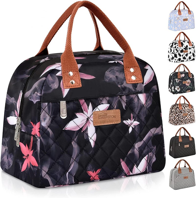 HOMESPON Insulated Lunch Bag for Women Men Adults Lunch Tote with Front Pocket Lunch Box Container Cooler Bag for Work Picnic Pink Flowers
